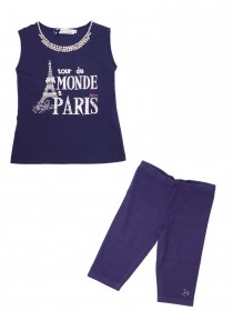 Комплект темно-синий: футболка с принтом "Париж" и жемчужными бусинами и укорочённые лосины цена