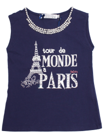 купить Комплект темно-синий: футболка с принтом "Париж" и жемчужными бусинами и укорочённые лосины