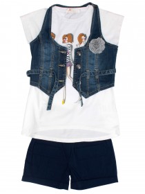 Комплект тройка: белая футболка, джинсовая жилетка и синие трикотажные шорты цена