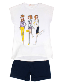 Комплект тройка: белая футболка, джинсовая жилетка и синие трикотажные шорты фото