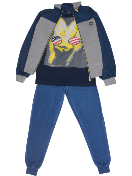 Костюм синий с серым спортивный: толстовка с капюшоном на молнии, футболка и штаны