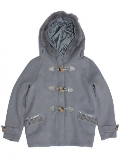 Пальто серое шерстяное с натуральным мехом на капюшоне и стразами на карманах