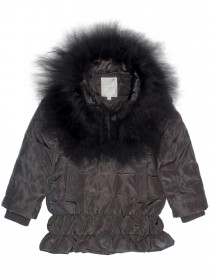 Пальто серое стеганое с натуральным мехом ламы и капюшоном цена
