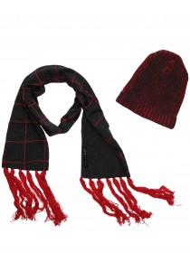 купить Комплект красно-серый: шапка и шарф с бахромой 