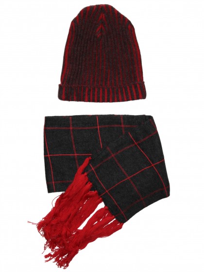 Комплект красно-серый: шапка и шарф с бахромой 