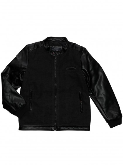 Куртка чёрная кожаная утеплённая с трикотажной серой вставкой спереди 