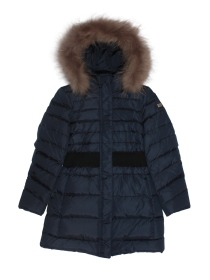 Пальто пуховое темно-синее с широкой чёрной резинкой на талии  и натуральным мехом на капюшоне цена