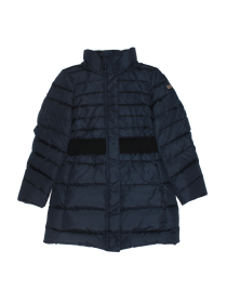 Пальто пуховое темно-синее с широкой чёрной резинкой на талии  и натуральным мехом на капюшоне фото
