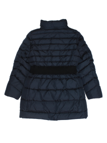 купить Пальто пуховое темно-синее с широкой чёрной резинкой на талии  и натуральным мехом на капюшоне