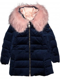 Пальто пуховое бархатное ярко-синее с розовым пышным мехом на капюшоне цена
