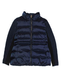 Пальто синее пуховое укороченное с натуральным синим мехом на капюшоне цена