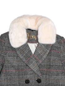 Пальто серое шерстяное клетчатое с белым меховым воротником фото