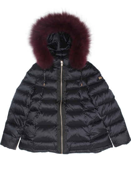 Пальто чёрное укороченное пуховое с бордовым натуральным мехом на капюшоне