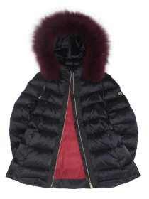 купить Пальто чёрное укороченное пуховое с бордовым натуральным мехом на капюшоне