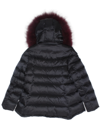 Пальто чёрное укороченное пуховое с бордовым натуральным мехом на капюшоне цена