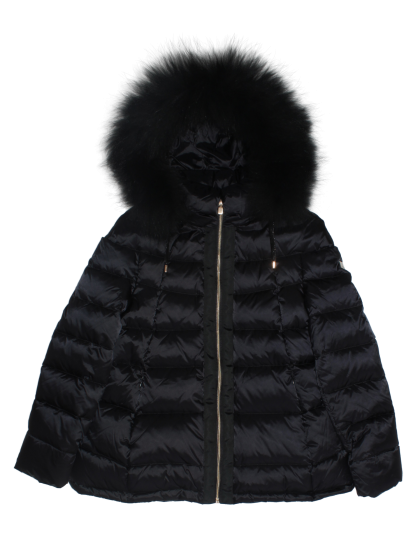 Пальто чёрное укороченное пуховое с чёрным натуральным мехом на капюшоне