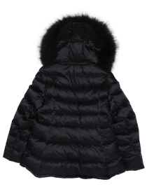 Пальто чёрное укороченное пуховое с чёрным натуральным мехом на капюшоне фото