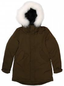 Парка пуховая цвета хаки с белым натуральным мехом полярной лисы на капюшоне