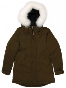 Парка пуховая цвета хаки с белым натуральным мехом полярной лисы на капюшоне цена