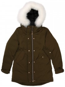 Парка пуховая цвета хаки с белым натуральным мехом полярной лисы на капюшоне фото