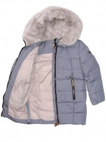 Пуховое пальто серо-голубое с молниями и мехом на капюшоне цена