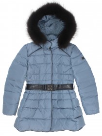 Пальто пуховое серо-голубого цвета с чёрным натуральным мехом и кожаным ремнем цена