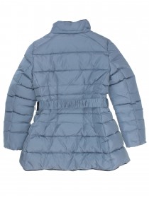 Пальто пуховое серо-голубого цвета с чёрным натуральным мехом и кожаным ремнем цена