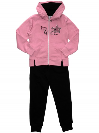 Костюм утеплённый: розовая толстовка с надписью и чёрные штаны 