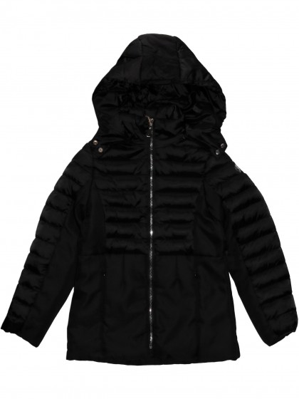 Пальто чёрное стёганое комбинированное с капюшоном 