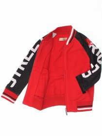 Куртка красная трикотажная с чёрно-белой отделкой и леопардом на спине  цена