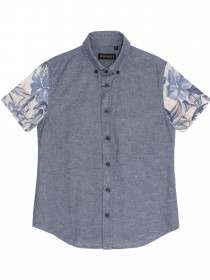 Рубашка джинсовая льняная с коротким рукавом и цветочным принтом фото