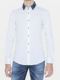 Рубашка белая с джинсовым воротником цена