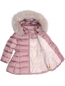 Комплект пуховой: куртка нежно-розовая с рюшами и натуральным мехом на капюшоне и синий полукомбинезон фото