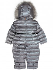 Комплект серебряный зимний пуховой: куртка с чёрным поясом натуральным мехом на капюшоне и комбинезон цена