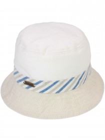 Шляпа белая с брендингом и отделкой в серо-голубую полоску