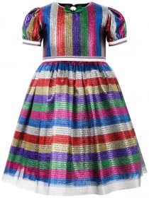 Платье в разноцветную полоску, блестящее, с пышной юбкой и ободком с большим бантом цена