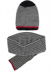 Комплект в черно-белую клетку с красной отделкой кашемировый: шапка и шарф
