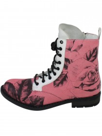 Ботинки розовые кожаные с чёрными розами и белой отделкой