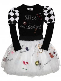 Комплект "Алиса в стране Чудес": черный лонгслив со стразами и белая пышная юбка с вышивкой
