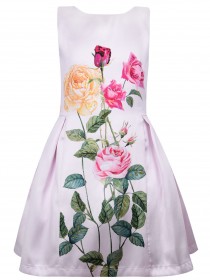 Платье нежно розовое с вырезом на спине, принтом "Розы" и стразами