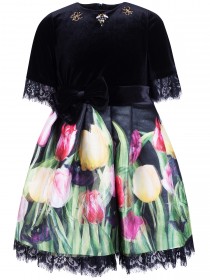 Платье черное пышное бархатное "Тюльпаны" с пчелками из страз и бусин