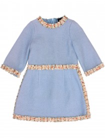 Платье шерстяное  нежно-голубое с разноцветной твидовой отделкой