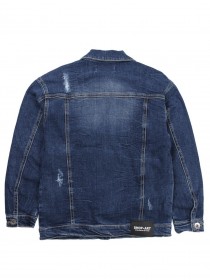 Куртка темно-синяя джинсовая с потертостями и брендингом цена
