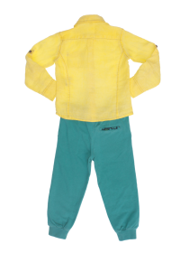 Комплект: брюки цвета морской волны трикотажные и желтая льняная рубашка цена