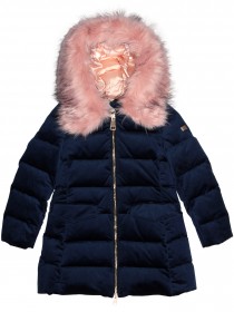 Пальто пуховое бархатное ярко-синее с розовым пышным мехом на капюшоне фото